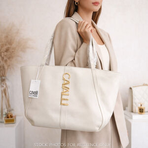 Cavalli Class NWT Logo Tote Bag Cream Faux Leather Gold Hardware Large